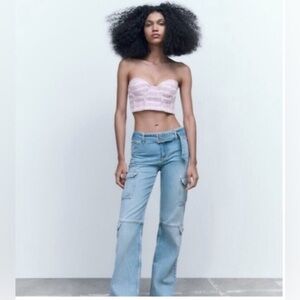 NWT Zara Purple White Pink Textured Plaid Tweed Bustier Corset Crop Top Small